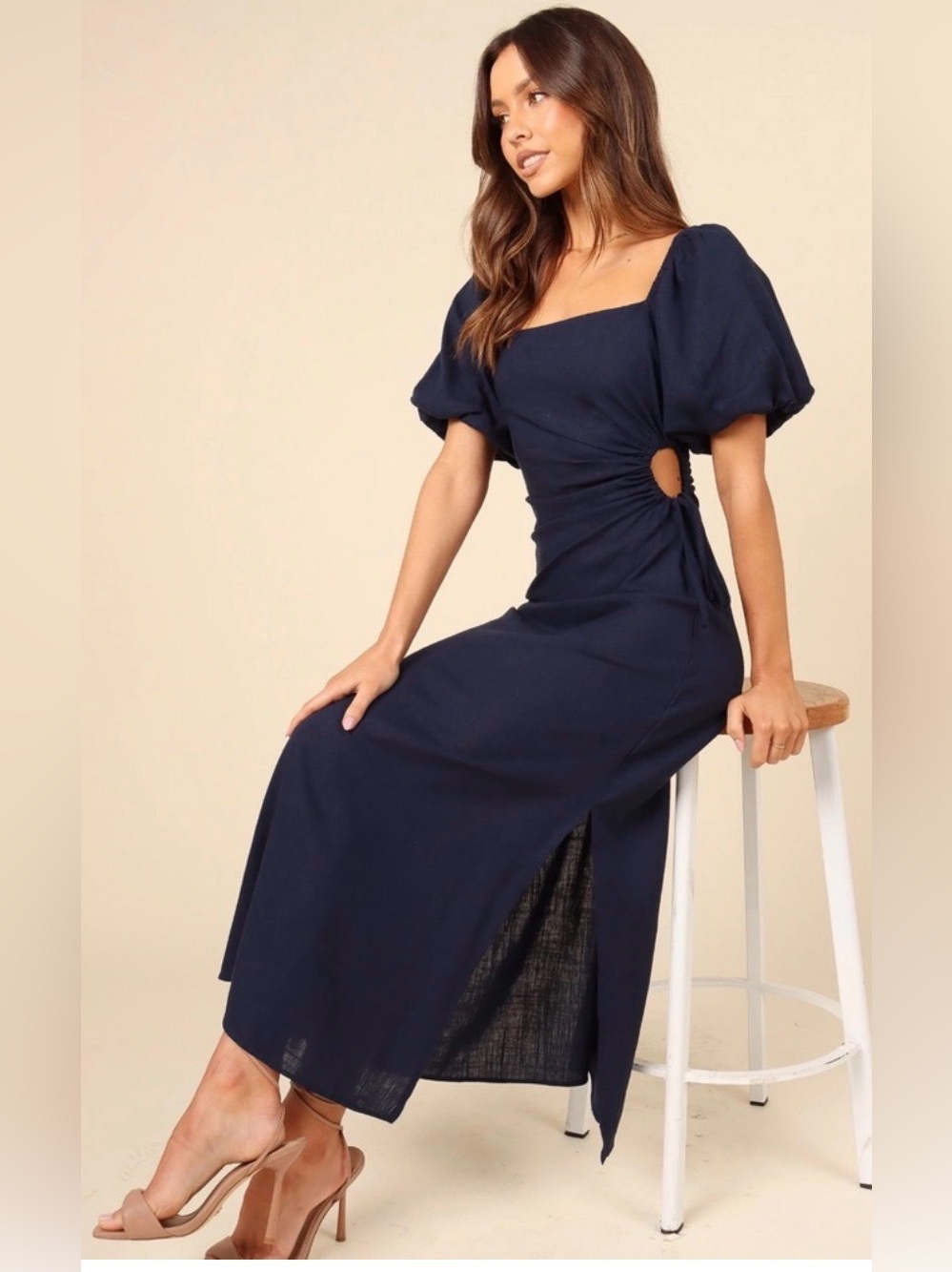 Petal + Pup Chloe Cut-Out Dress Linen Blend Puff Sleeve Midi , Small - Picture 5 of 13